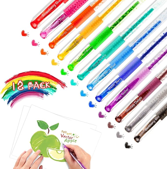Fruity Scented Gel Ink Pens, 12 Assorted Colorful Gel Pens for Drawing, Writing, Coloring at School & Home