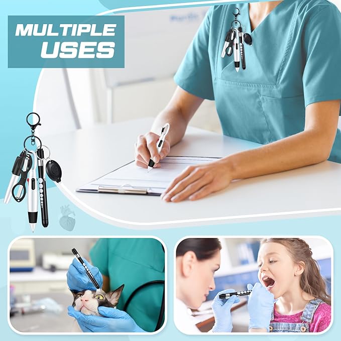6 Pcs Nurse Pen Set Include Permanent Marker Pen Retractable Ballpoint Pen Keychain Clip Foldable Scissors Lights LED Flashlight Keychain for Nurse Accessories(Black)