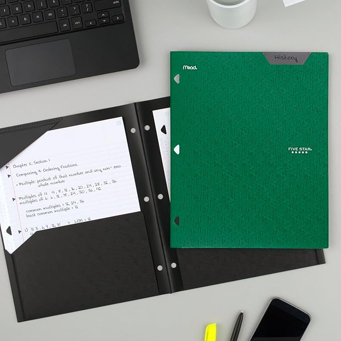 Five Star 2-Pocket Folder, Plastic Folder with Stay-Put Tabs, Fits 3 Ring Binder, Holds 8-1/2" x 11" Paper, Green (333420E-ECM)