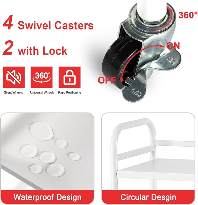 GYCZYCX 3-Tier Rolling Cart,Utility Cart,Kitchen Cart on Wheels,Organizing Cart with Storage,Rolling Shelves with Wheel,Metal Craft Cart for Kitchen,Bathroom,Living Room,Bar,Office(White)