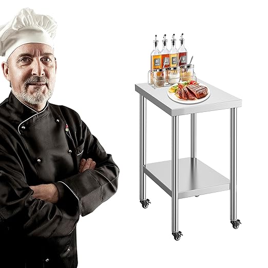 Stainless Steel Table for Prep & Work with Wheels 24 x 18 Inches, NSF Commercial Heavy Duty Food Prep Worktable with Undershelf for Restaurant, Home and Hotel Christmas Preparation Table
