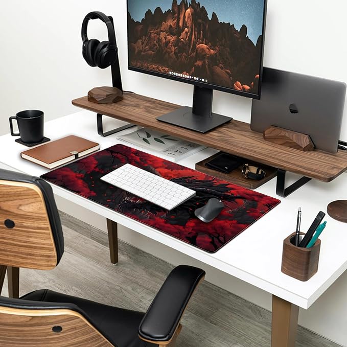 Huge Dragon Large Mouse Pad Red and Black Mousepad Red Desk Mat, Big Full Keyboard and Mouse Pad Cool Desk Pad for Keyboard Mouse with Stitched Edges Anti-Slip Funny Desk Pad, 31.5 X 15.8 in.