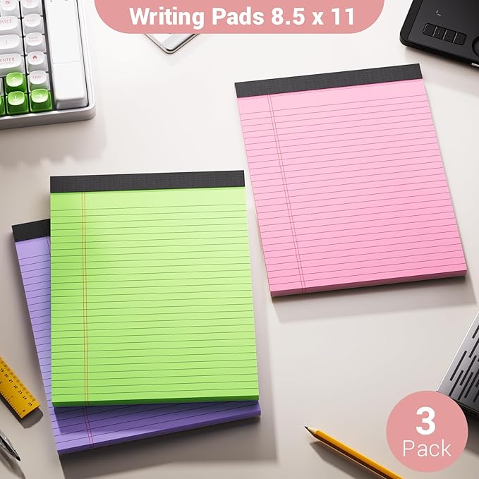 Legal Pads 8.5 x 11 Colored Notepad, 3 Pack Note Pads Wide Ruled Lined Paper, Micro Perforated Writing Pads Legal Pad, 30 Sheet/Note Pads, Notebook Paper Tablet for School, Pink Legal Pad 8.5 x 11