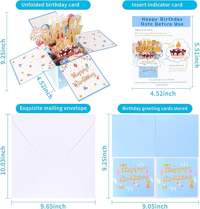 Tnvee 50TH Birthday Cards with Lights & Music & Candle, 3D Large Pop Up Happy Birthday Cards for Women Man Greeting Cards Decorations for 50 Years Old Mom Dad Wife Husband Friend