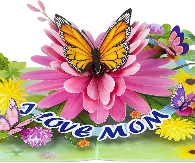 D4DREAM Mothers Day Pop Up Card for Mom - 3D Butterfly Flower Greeting Card with Envelope and Note Tag I Love Mom Pop Up Birthday Gift for Her from Daughter Son