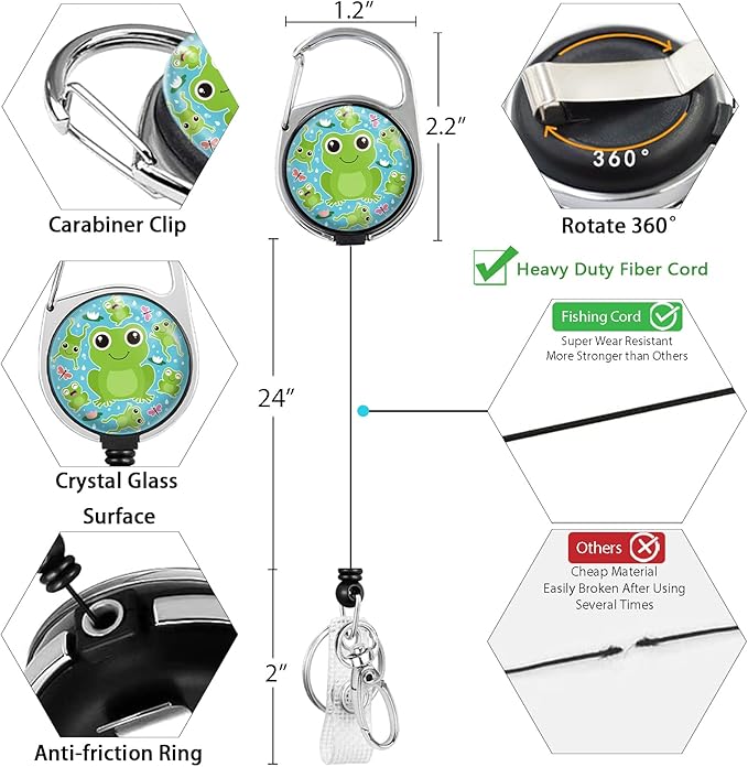 Frog Lanyards for Id Badges, Cute Badge Reel Heavy Duty with Carabiner Clip, Fashionable ID Badge Holder with Breakaway Lanyard, Teacher Nurse Office Christmas Gifts