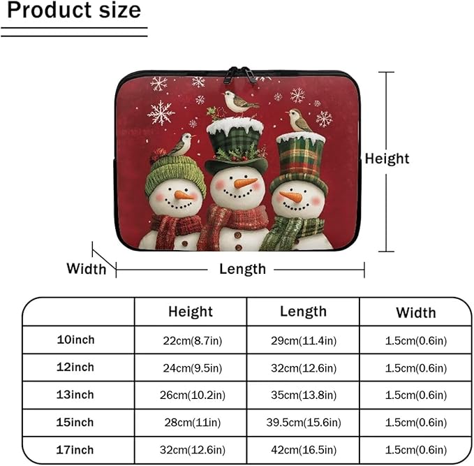 Cute Snowman Laptop Protective Sleeve for Women 12 inch Computer Sleeve Bag Christmas Neoprene Lap Top Case Suitable Gifts for Travel School Office Neatly Organizers Laptop Accessories