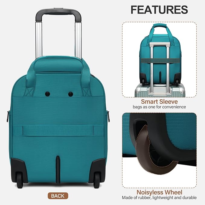 Personal Item 16-Inch Underseat Carry on Luggage With Wheels Lightweight Wheeled Underseater under seat bags for airplanes Upright 2 Wheel Teal Green