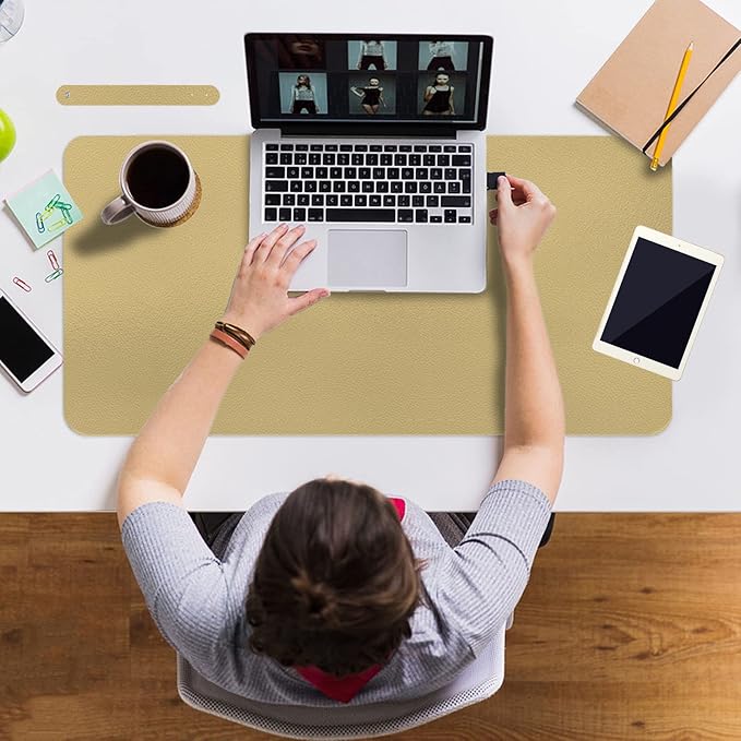 Boutilon Leather Desk Pad 35"x 17" Non-Slip Mouse Pad,Office Desk Mat,Waterprooft PU Leather Desk Blotter,Desk Pad Protector,Desk Writing Pad for Home Office Decor (L-Golden,35"x 17")