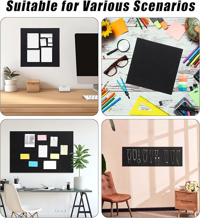 Large Cork Board 36" x 24", 6 Pack Felt Wall Tiles with Colored 30 Pcs Pushpins, Black Bulletin Board with Removable Self-Adhesive Strips, Pin Board Cork Boards for Walls Office Home- Black
