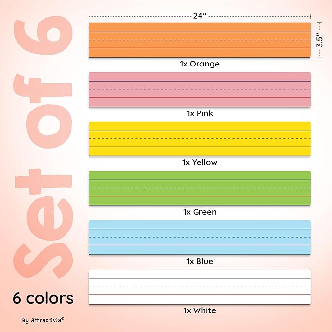 Dry Erase Magnetic Sentence Strips for Teachers, Whiteboards & Classrooms - 24" x 3.5" - 6 Colored Sentence Strips - Practice Handwriting, Sight Words, Spelling and Math
