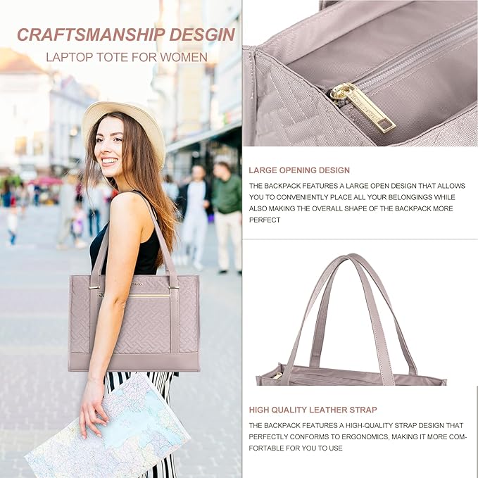 EMPSIGN Laptop Tote bag for women 16 Inch, Stylish Computer Shoulder Tote Bag for Work, Large Capacity Quilted Laptop Briefcase, Waterproof Women Business Office Bag, Quilted Grey Pink
