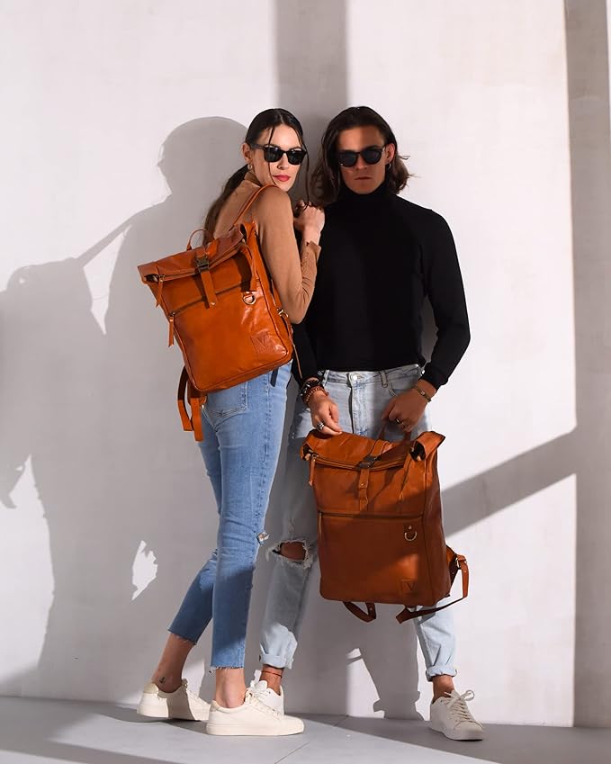 Genuine Leather Backpack for Women, Roll Top Backpack, Laptop Bookbag, Roll On Vintage Rucksack for College, Work & Travel, Brown, Medium - 15.3 Inch