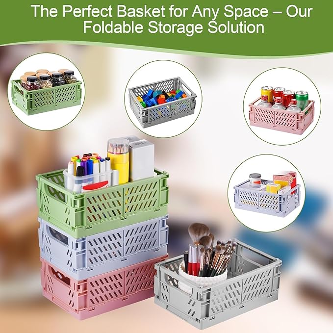 2-Pack Small Pastel Plastic Storage Baskets, Collapsible Crates for Organizing, Space-Saving Mini Bins for Classroom, Kitchen, Office, Bedroom (Grey, 9.8" x 6.5" x 3.8")