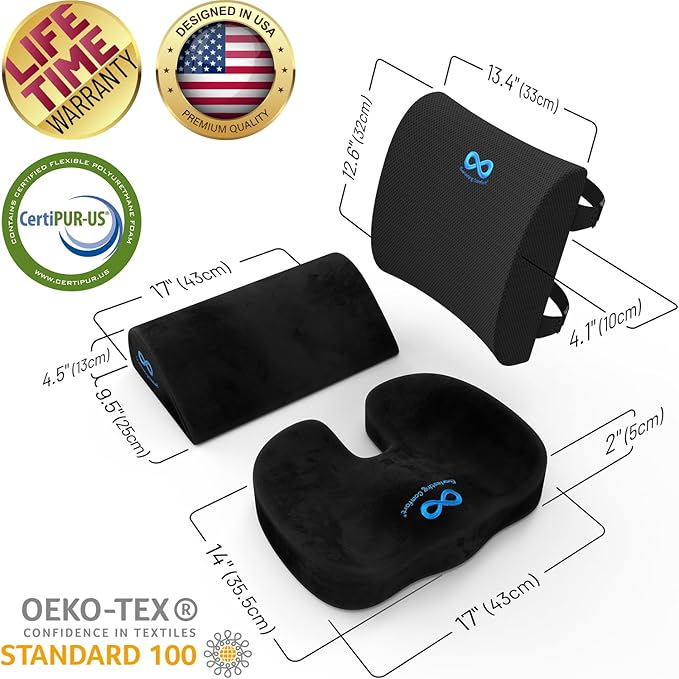 Everlasting Comfort Seat Cushion, Back Cushion, & Foot Rest Bundle - Memory Foam Office Chair Cushions for All-Day Comfort - Ideal for Work, Car, Desk