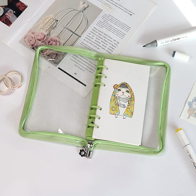 Multibey A5 Binder Cover Clear Soft PVC 6-Ring Binder Budget Cash Evelopes System with Zipper Planner Organizer Refillable Notebook Journal Binder (Grass Green, A6)