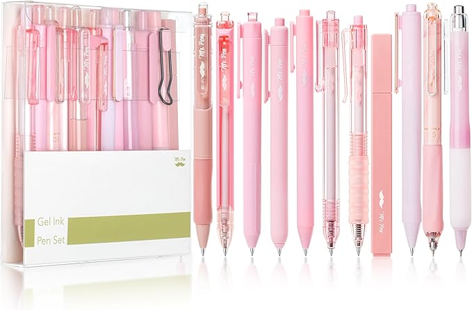 Mr. Pen- Gel Ink Pen Set, 12 pcs, Pastel Pink Barrel, Pink Pens Black Ink Gel Pens Fine Point 0.5mm, One Highlighter, Gel Ink Pens, Cute Pink Pens for Women, Cute Pens for Women, Pink Gel Pens Pink
