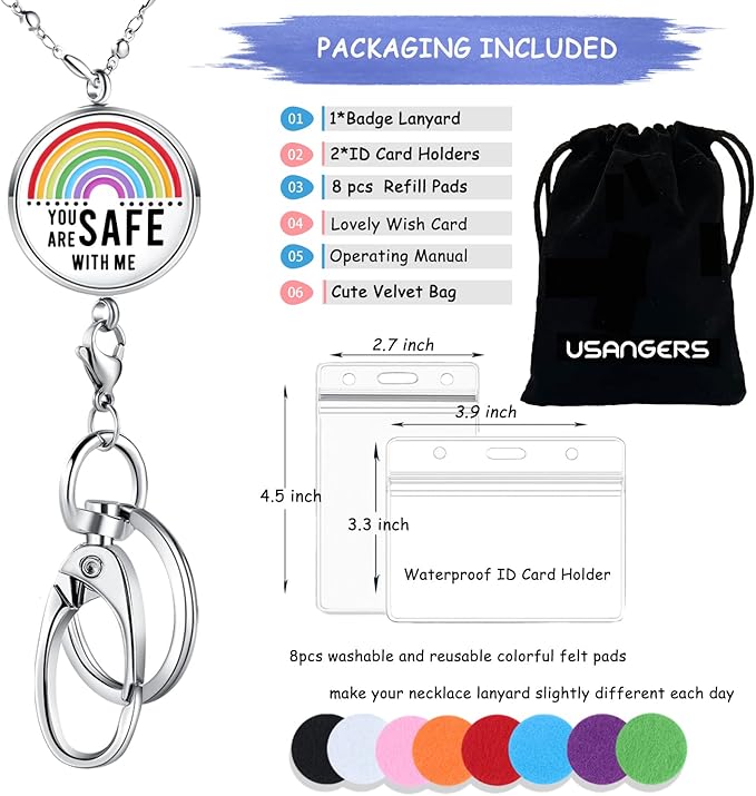Lanyards for ID Badges, Teacher Lanyard with ID Holder Teacher Appreciation Gifts Nurse Accessories Work Jewelry Stainless Steel Chain Keychain Necklace Badge Lanyards for Women You are Safe with Me