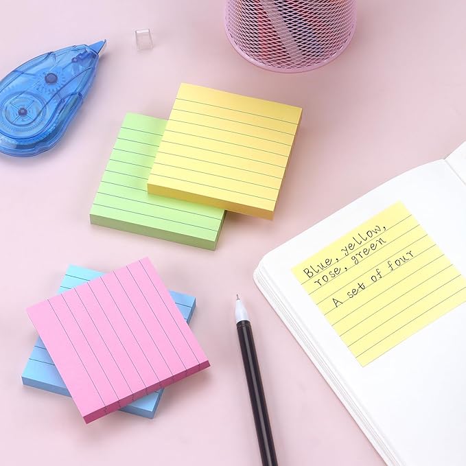 Lined Sticky Notes 3x3 Sticky Notes with Lines Self-Stick Notes Bright Color 4 Pads 90 Sheets/Pad (Pastel)