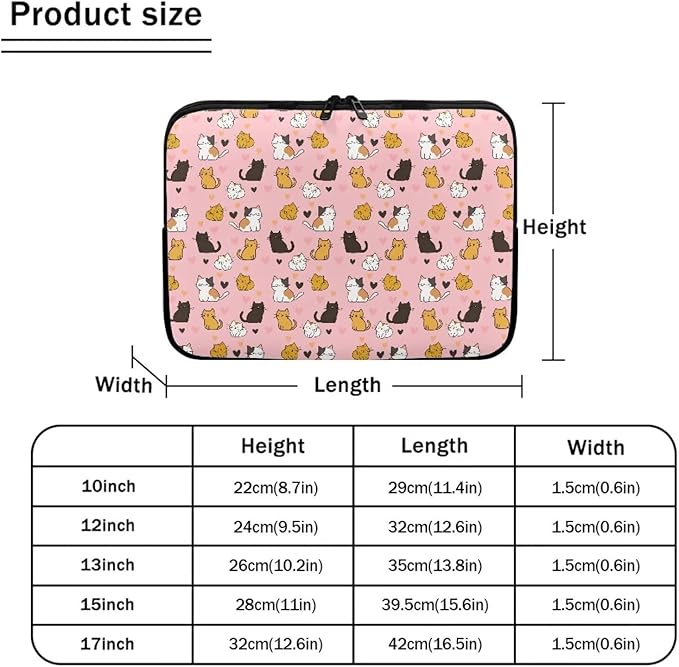 Cat Print Laptop Briefcases for Men Women, Heart Pattern Laptop Sleeve Case Water Resistant Neoprene Computer Carrying Cover 15 Inch Laptop Carrying Bag