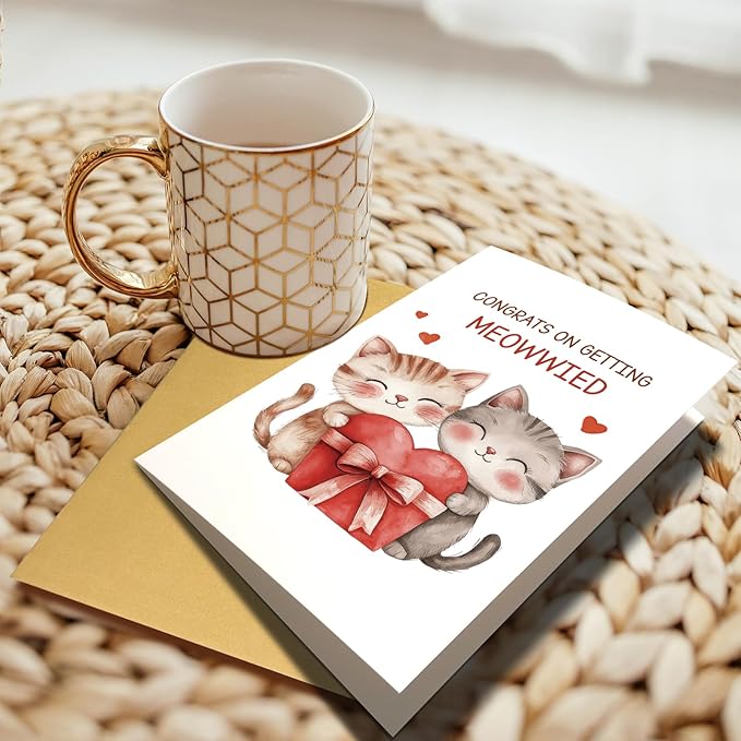 Cute Cat Wedding Card, Engagement Card for Cat Lover, Funny Wedding Congratulations Card for Couple, Congrats On Getting Meowwied Pun Card