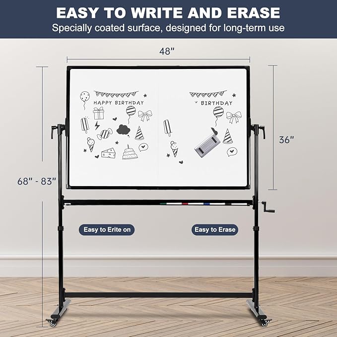 TANKEE Mobile White Board 48 X 36 Inches Height Adjustable Large Magnetic Whiteboard on Wheels, Double-Sided Rolling Dry Erase Board with Stand, Great for Office School Classroom Home