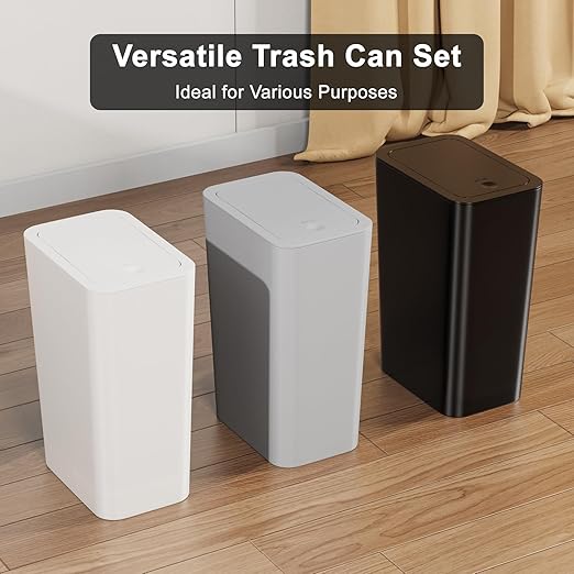 N. NETDOT 3 Pack 10L / 2.6 Gallon Small Trash Can with Lid,Bathroom Garbage Can with Pop-Up Lid,Waste Basket for Bathroom,Kitchen,Bedroom,Powder Room,Office,College (Black-Grey-Off White)