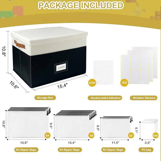 Board Game Storage, Board Game Organizer with 12pcs Zipper Bags and Writable Stickers, Board Game Organizers Storage with Lid for Office Supplies,Puzzles,Video Game,Craft Product (Black, 2-Pack Large)