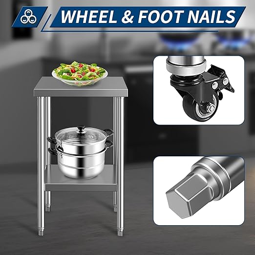 Stainless Steel Table for Prep & Work with Wheels 24 x 24 Inches, NSF Commercial Heavy Duty Food Prep Worktable with Undershelf for Restaurant, Home and Hotel Christmas Preparation Table