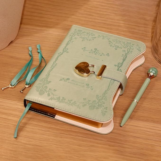 Diary with Lock and Keys for Girls Gift Ideas, 360 Gold Edged Pages Journal for Women, B6 Refillable Notebook for Writing with Pen and Bookmark (Garden Aqua)