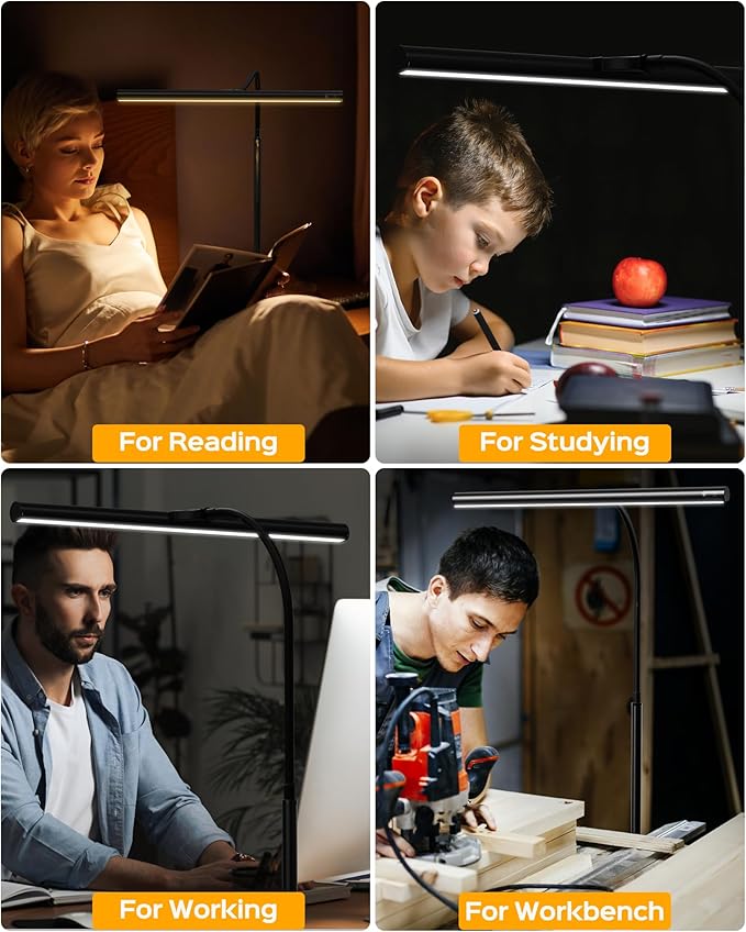 SUPERDANNY Desk Lamp for Home Office, Eye-Caring Desk Light with Adjustable Gooseneck, 12W Touch Control Dimmable Brightness, Architect Clamp Lamp for Computer Monitor