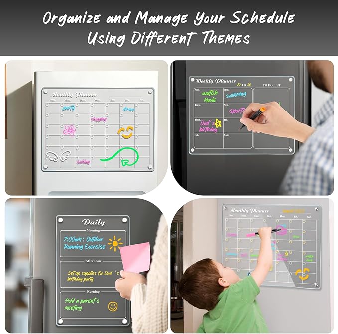 DIYMAG 3Pcs Acrylic Magnetic Dry Erase Calendar for Fridge, Clear Acrylic Calendar Planning Board Set Magnetic Weekly Monthly Planner Menu for Refrigerator with 6 Highlight Markers