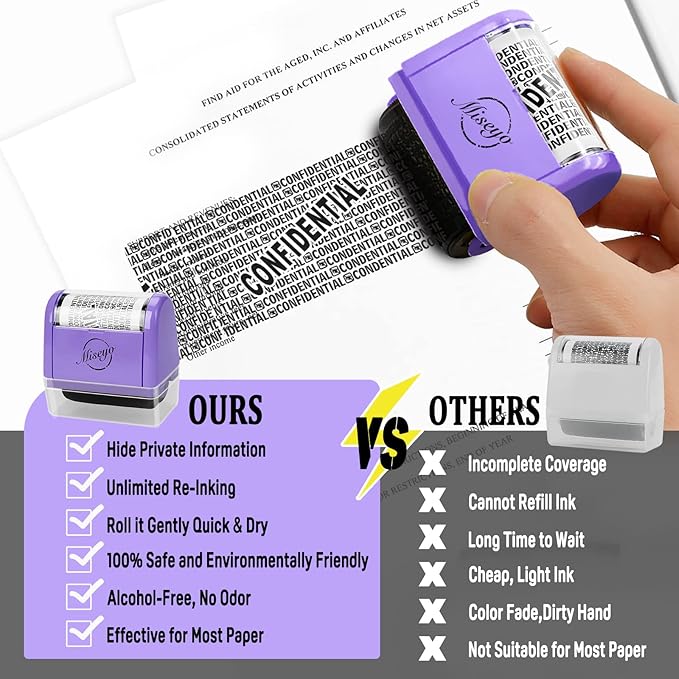 Miseyo Wide Roller Stamp Identity Theft Stamp 1.5 Inch Perfect for Privacy Protection,Anti-Theft Security Confidential Easy for Guard Personal Information Blockout - Purple