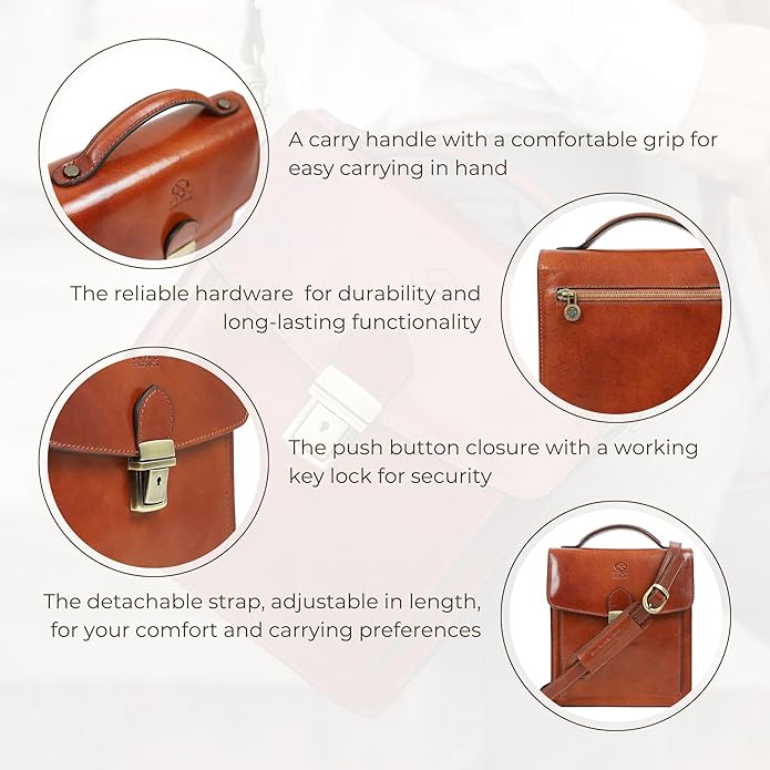 Time Resistance Small Leather Briefcase for Men - Crossbody Bag - Italian Leather Messenger Bag - Gift Box Included