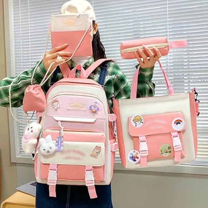 Kawaii Backpack 5Pcs Set Lightweight aesthetic backpack,Teens laptop computer cute backpacks for girls (Cartoon backpack,one size)