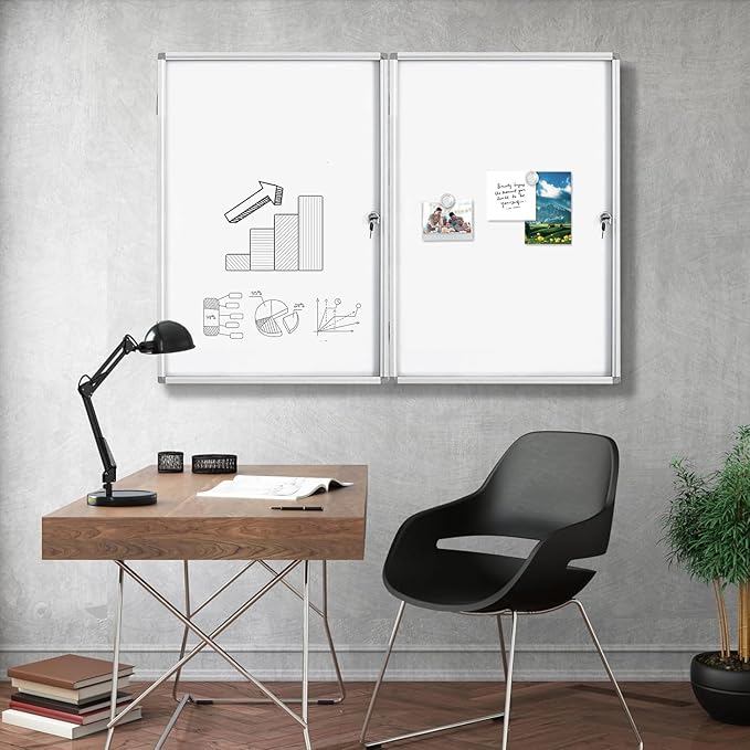Lockable White Enclosed Bulletin Board - Dry Erase Noticeboard with Aluminium Frame, 36x24 inch(Whiteboard)