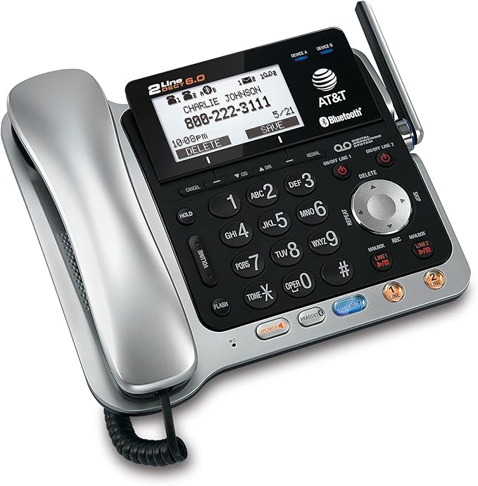AT&T TL86109 DECT 6.0 2-Line Expandable Corded/Cordless Phone with Bluetooth Connect to Cell, Answering System and Base Speakerphone, 1 Corded Handset and 1 Cordless Handset, Silver/Black