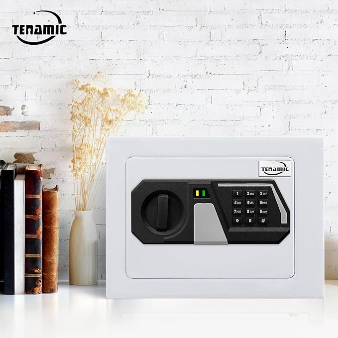 Tenamic Safe Box 0.23 Cubic Feet Electronic Digital Security Box, Keypad Lock Box Cabinet Safes, Solid Alloy Steel Office Hotel Home Safe, HB17 White