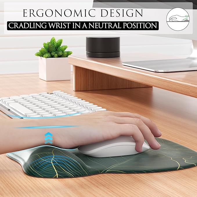 MROCO Ergonomic Mouse Pad with Gel Wrist Rest, Comfortable Mousepad with Smooth Wrist Support Surface and Non-Slip PU Base for Pain Relief, Computer, Laptop, Office & Home, 9.4 x 8.1 in, Green Leaves