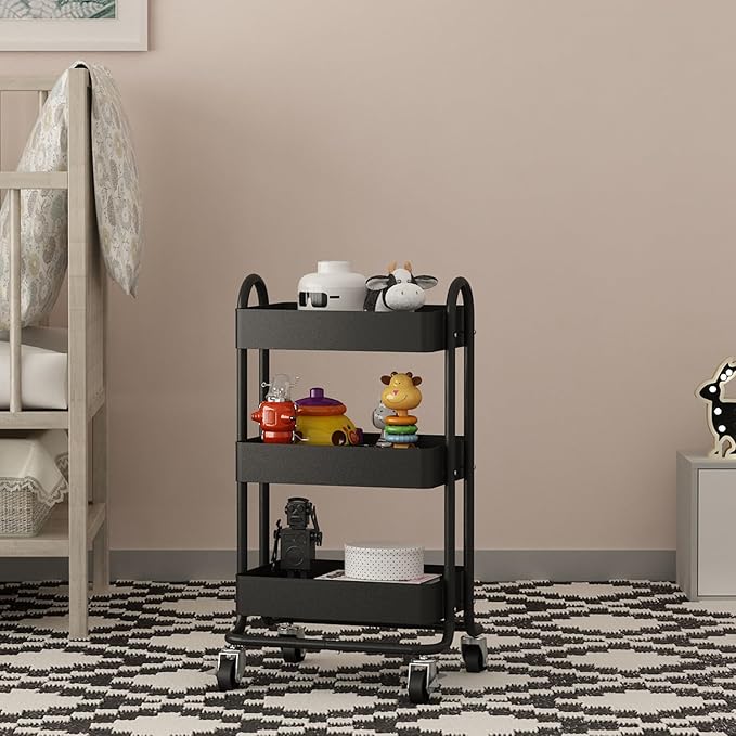 3-Tier Rolling Metal Storage Organizer,Mobile Utility Cart,Kitchen Storage Carts with Caster Wheels,Rolling Utility Cart Suitable for Office,Home,Kitchen,Garden๏ผ13.4"x18.1"x31"๏ผ Black