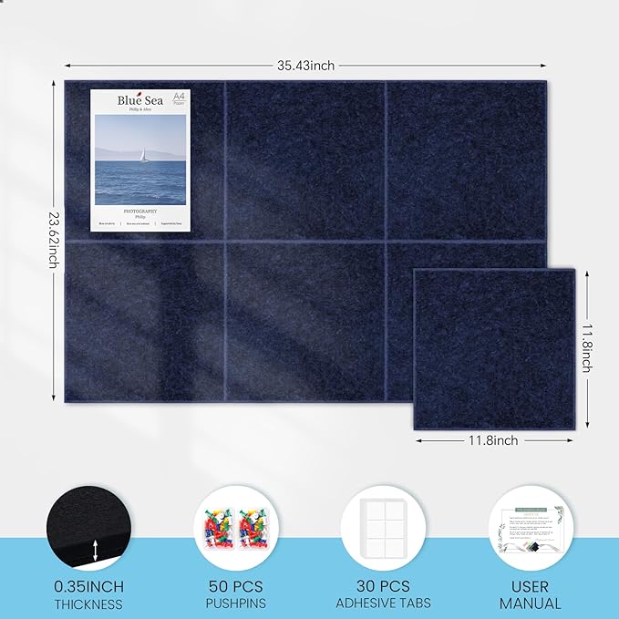 Large Cork Bulletin Board for Wall 36"x24", 6 Pack Felt Wall Tiles with 50 Pushpins, 30 Safe Removable Adhesive Tabs, Decorative Pin Board Tack Board for Office Home School, Dark Blue