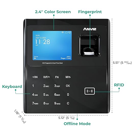 ANVIZ Time Clocks for Employees Small Business - CX2 Fingerprint Biometric Clock in and Out Machine - with Professional Cloud Software, Black