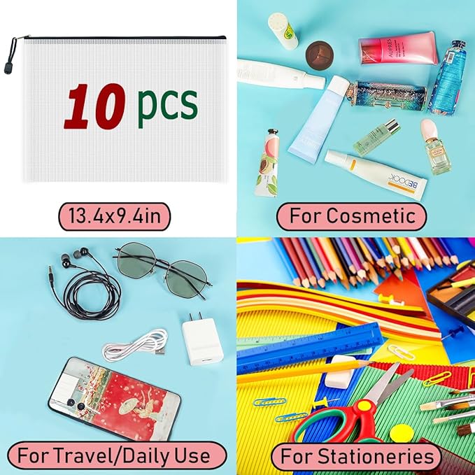 AUSTARK 10 Pcs Zipper File Bags, Waterproof Plastic Mesh Pouch for Office School, Board Game Storage Bags (A4 Size 13.4''x9.4'', White and Black)
