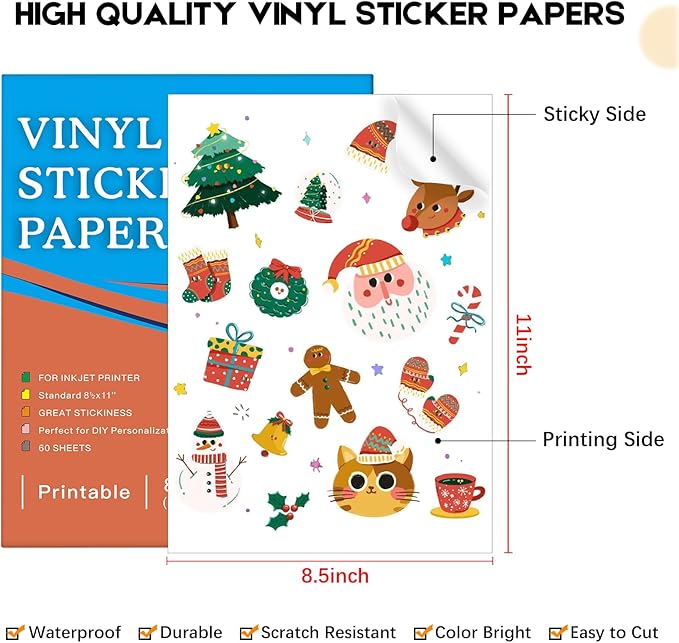 60 Sheets Premium Printable Vinyl Sticker Paper for Inkjet Printer, Glossy White Waterproof, Dries Quickly, Vivid Colors, Tear Resistant, 8.5x11 Inkjet Vinyl Sticker Paper Great for Cutting Machines