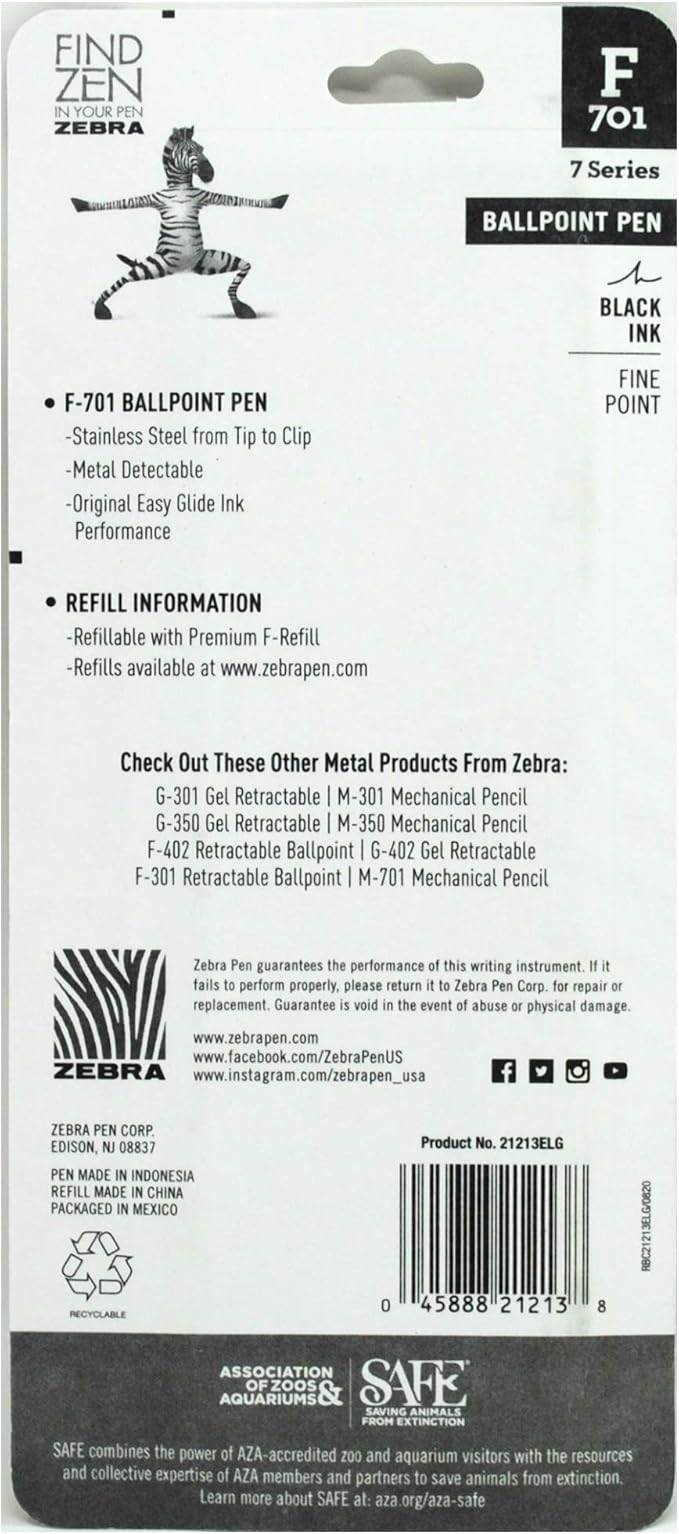 Zebra F-701 Metal Pen - Ballpoint Fine Point Stainless Steel - 0.8mm - Black Ink - Retractable Zebra Pens with 2 Black Ink Refills