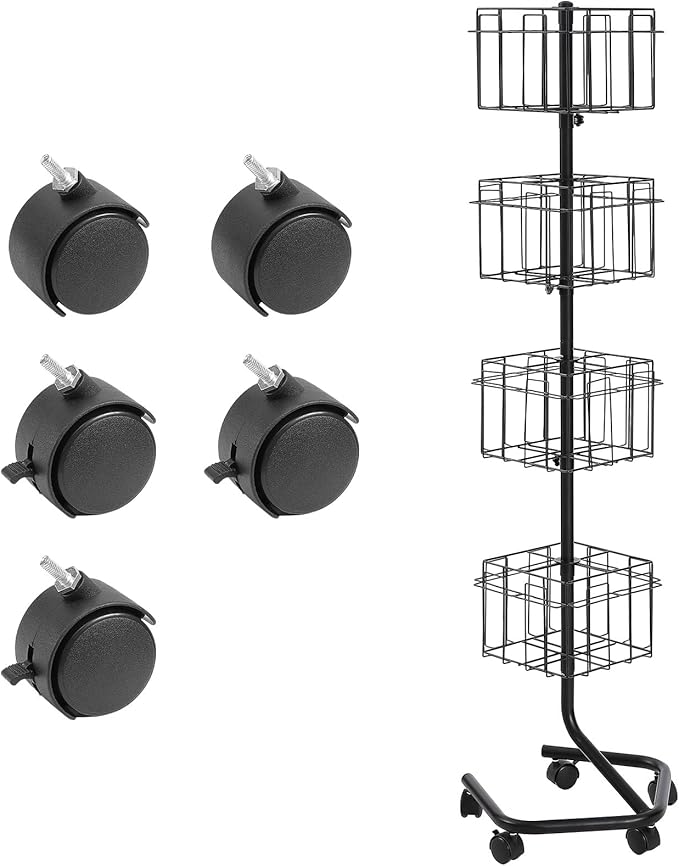 VEVOR Brochure Display Rack, 4-Tier 32 Pockets Rotating Magazine Literature Display Stand for Postcards, 360° Spinning Greeting Cards Rack with 5 Wheels (2 Lockable) for Shop Exhibitions Office