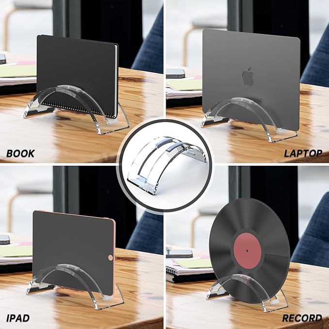 Clear Acrylic Vertical Laptop Stand, Premium Transparent Desktop Notebook Dock, Space-Saving Vertical Laptop Holder for MacBook, IPAD, Book