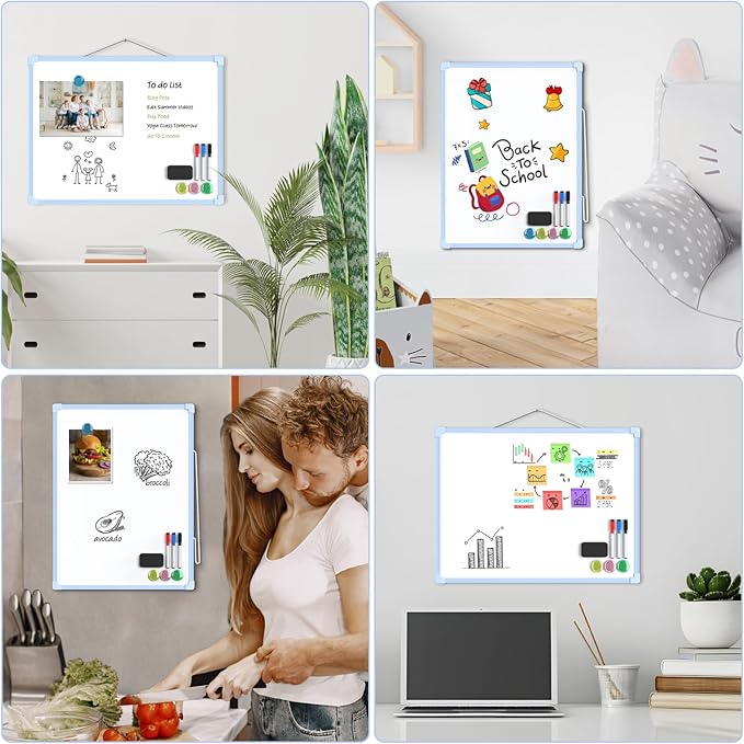 MaxGear Double-Sided Dry Erase Board for Wall, 16"x12" Hanging Whiteboard, Small Dry Erase White Board kit, Portable Whiteboard for Students - Planning, Drawing, Memo, to Do List, Blue Frame