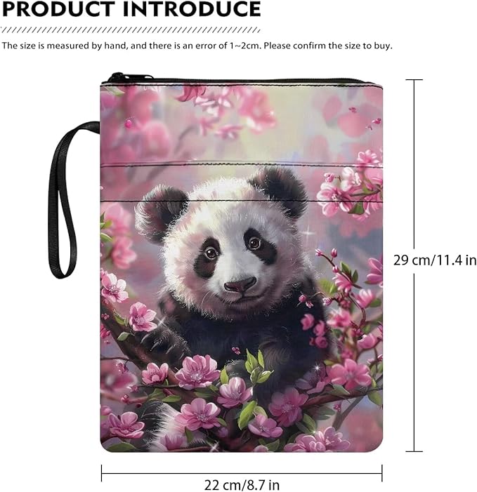 COEQINE 9"x11" Book Covers for Hardcover Cute Panda Animal Book Sleeves with Zipper Book Cover for Book Lovers Book Pouch Book Protctor Pouch Book Covers for Hardcover Washable Pink Cherry Blossom