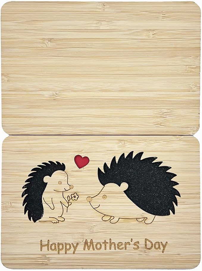 Mothers Day Cards,Handmade Bamboo Greeting Cards,Wooden Thankyou Card,Mother's day Card for Mom,Mum,Hedgehog mom